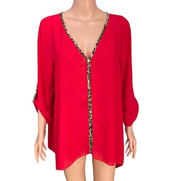 Bluebell red roll tab sleeves blouse size L - Picture 1 of 6